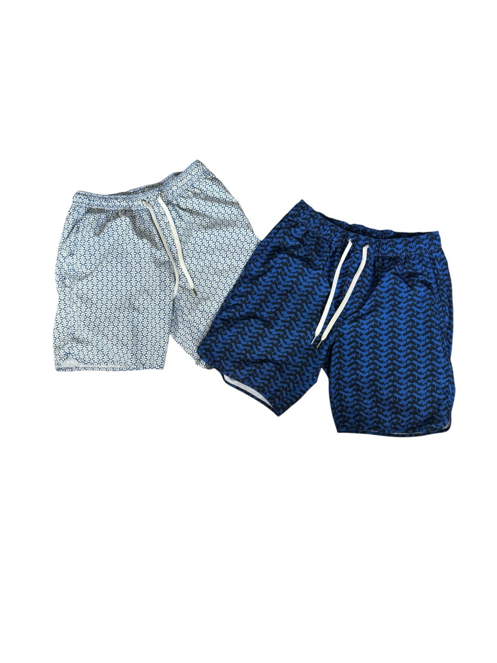 Fair Harbor Men’s Medium Swim Trunks Board Shorts Blue Geometric Lined 2 Pair